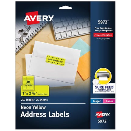 Avery Neon Address Labels with Sure Feed for Laser Printers, 1 x 2 5/8", 750 Yellow Stickers (5972)