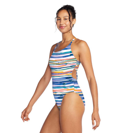 Speedo Women's Swimsuit One Piece Eco Flex Double Cross Back Moderate Cut - Brushed Stripe, Size 8