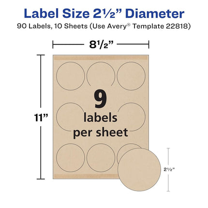 Avery Printable Round Labels, 2.5" Diameter, Kraft Brown, 90 Customizable Labels (22818)