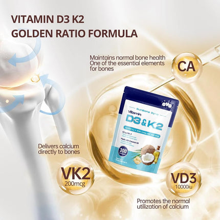 300 Pcs 2 in 1 Vitamin D3 10000 iu Plus K2 (MK-7) 200 mcg Virgin Coconut Oil Softgels with Vitamins D & K Supports Calcium Absorption – Easy to Swallow