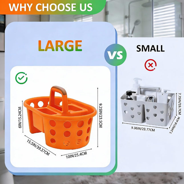 SIMPLYKLEEN Large Shower Caddy Portable 2PC - Made in USA Plastic Jumbo Size Dorm Storage Candy Tote with Handle Shower Organizer for Bathroom, Pantry, Kitchen, College Dorm, Green/Orange