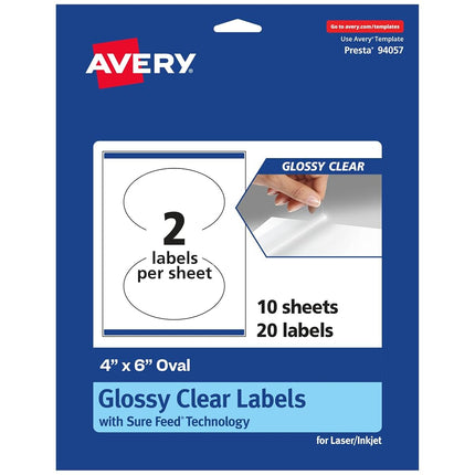 Avery Glossy Clear Oval Labels with Sure Feed, 4" x 6", 20 Glossy Clear Labels, Print-to-The-Edge, Laser/Inkjet Printable Labels