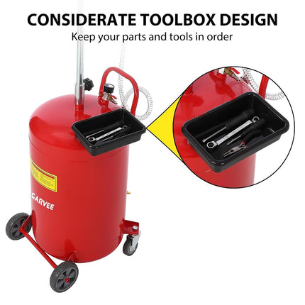 Garvee 20 Gallon Waste Oil Drain Tank, Portable Oil Drain Container, Air Operated Drainer, Fluid Fuel Transfer Drainage, Adjustable Funnel Height with Wheel &15'' Premium Bowl and a Toolbox