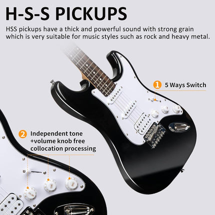 AODSK Electric Guitar with Amp Beginner Kit 39 Inch Solid Body Full Size,HSS Pick Up,All Accessories,Digital Tuner,Six Strings,Four Picks,Tremolo Bar,Strap,Gig Bag,Starter kit -Black