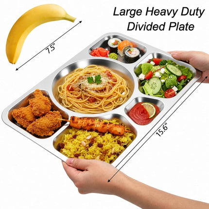Hacaroa 4 Pack Stainless Steel Divided Dinner Plates, 15x10.6 Inches Snack Serving Plate with 6 Compartment, Metal Food Trays for Adults, Diet Food Portion Control, Picky Eaters