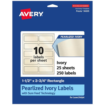Etiquetas rectangulares nacaradas color marfil Avery con tecnología Sure Feed, impresión hasta el borde, 1.5" x 3.75", 250 etiquetas nacaradas color marfil, etiquetas imprimibles con láser/inyección de tinta