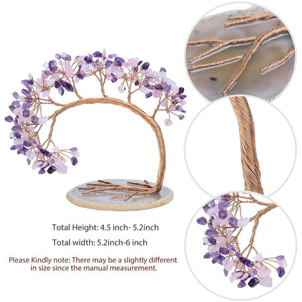 mookaitedecor Natural Amethyst & Rose Quartz Crystal Money Tree Agate Slice Base Feng Shui Bonsai Crystal Tree for Wealth Luck Desk Decor, 4.5-5.2 Inch High