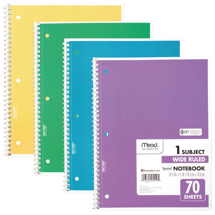 Mead Spiral Notebook, 4 Pack, 1-Subject, Wide Rule