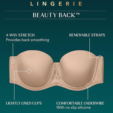 Vanity Fair Women's Beauty Back Strapless Full Figure Underwire Bra 74380 Coverage, Midnight Black, 34DD