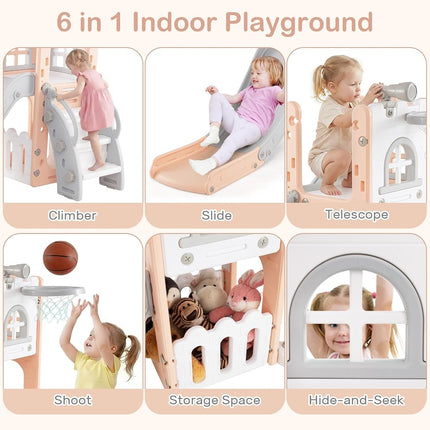 OLAKIDS Toddler Slide, 6 in 1 Kids Indoor Outdoor Playground with Climber Basketball Hoop Telescope Toy Storage for Boys Girls Aged 1+