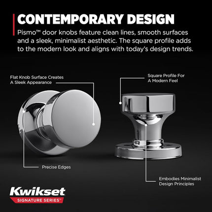 Kwikset Pismo Interior Passage Door Knob, Handle for Closet and Hallway Doors, Non-Locking Doorknob, Polished Chrome, Round Rose