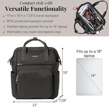Baggallini Women's Securtex Anti-Theft Windsor Backpack for Travel, Work & Collage, RFID & Locking Zipper, Up to 16" Laptop, Charcoal, M