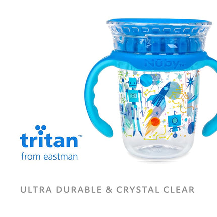 Vaso antiderrame Nuby 360 Edge 2 etapas con borde de 360° y asas extraíbles y tapa higiénica: 240 ml, 12 meses, robot, azul