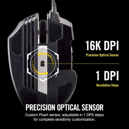 Ratón óptico para juegos MMO Corsair Scimitar Pro RGB (sensor óptico de 16.000 ppp, 12 botones laterales programables, iluminación RGB multicolor de 4 zonas, almacenamiento interno) - Negro