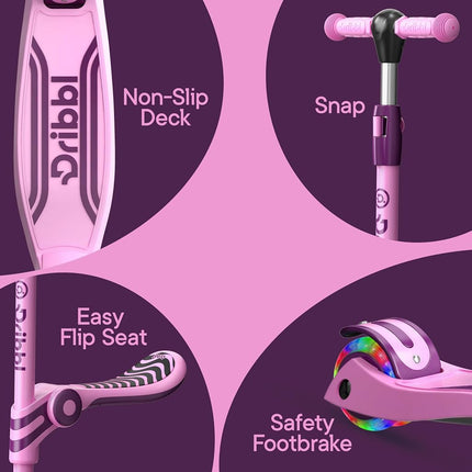 Pink & Purple 3 Wheel Scooter with Seat for Kids – Light-Up LED Wheels, Adjustable Handlebar and Seat, Smooth PU Wheels, Wide Anti-Slip Deck, Rear Foot Brake – Toddler Outdoor Toys for Ages 2+