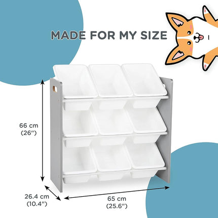 Humble Crew Wooden Toy Storage Organiser for Children & Toddlers, with 9 BPA Free Plastic Removeable Storage Bins, Ideal for Storing Toys, Games, Books and Craft Supplies - Grey/White