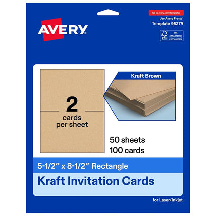Avery Printable Rectangle Invitation Cards, 5.5" x 8.5", Kraft Brown Cardstock, Laser/Inkjet Cards, 100 Total