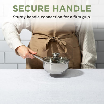 Ecolution Pure Intentions Saucepan – Features Tempered Glass Lid, Stay-Cool Knob and Handle, and Encapsulated Bottom – Oven Safe – Curbside Recyclable Stainless Steel – 1 Quart