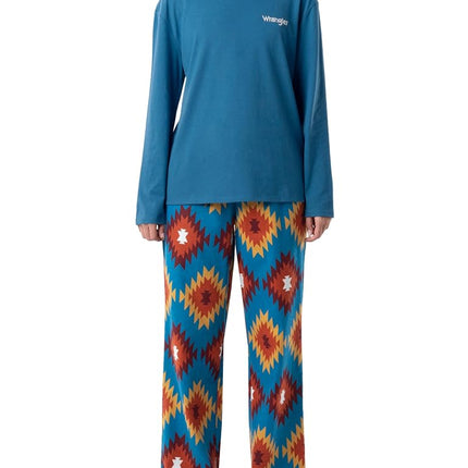 Wrangler Women's Jersey Top and Flannel Pant Sleep Pajama Set, Sea Blue/Southwestern Geo, 2X