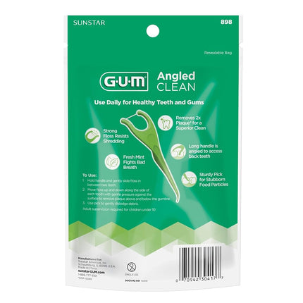 GUM Angled Flosser Picks, Easily Reaches Back Teeth, Fresh Mint Flavour, Lime Green, 75 Flossers (1 Bag)