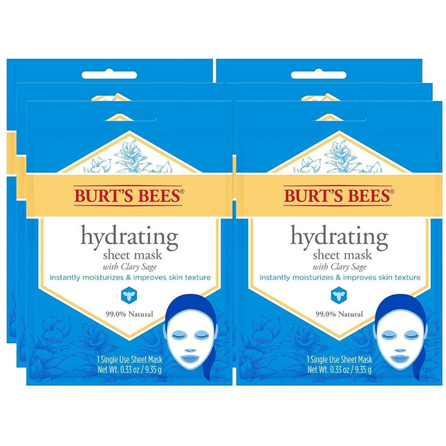 Burt's Bees Hydrating Face Mask with Clary Sage, Single Use Sheet Mask, 6 Count (Package May Vary)