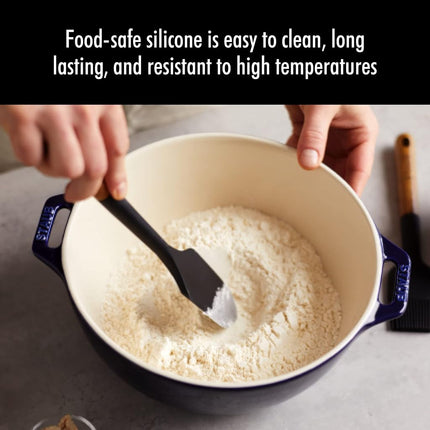 STAUB Silcone Spatula, Great for Mixing, Folding, Scraping, and Spreading, Durable BPA-Free Matte Black Silicone, Acacia Wood Handles, Safe for Nonstick Cooking Surfaces