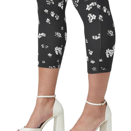 HUE Women's Wide Waistband Blackout Cotton Capri Leggings, Assorted, Black Floral, S
