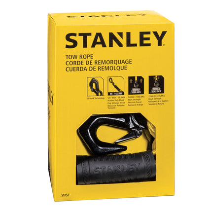 Cuerda de remolque trenzada de polimezcla Stanley S1052 negra/amarilla de 5/8" x 15' con gancho triple resistente (7200 lb de resistencia a la rotura)