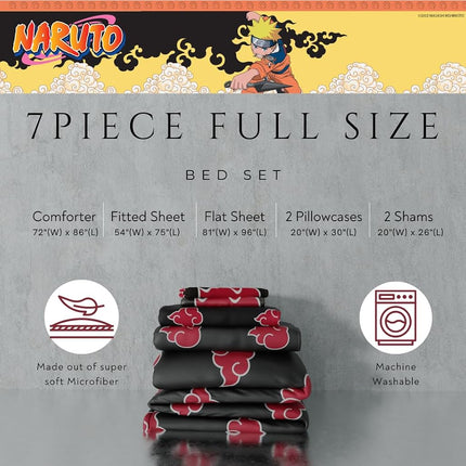 Franco Comforter and Sheet Set, Microfiber, Black-Naruto, 7 Piece Full Size