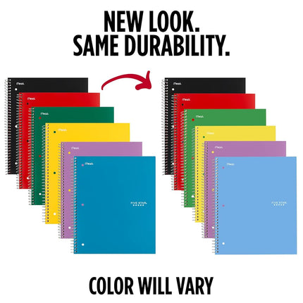 Five Star Spiral Notebooks, 1 Subject, Wide Ruled, 10-1/2" x 8", Assorted Colors, 6 Pack (38042)