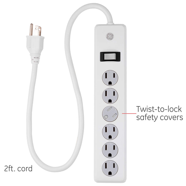 GE 6-Outlet Surge Protector, 2 Ft Extension Cord, Power Strip, 450 Joules, Heavy Duty Plug, Twist-to-Close Safety Covers, UL Listed, Black, 14009