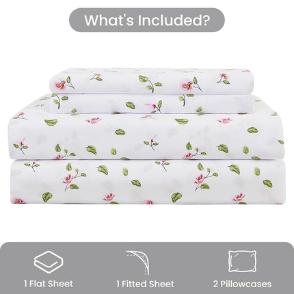 Mooreeke Floral Queen Sheets, Soft Breathable Microfiber Printed Bed Sheet Set, Deep Pocket Non-Slip Fitted Sheet Included, Flower Leaf Pattern