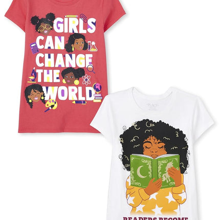 The Children's Place Paquete de 2 camisetas gráficas de manga corta para niña, Girls Can Change The World/Readers Become Leaders, X-Grande