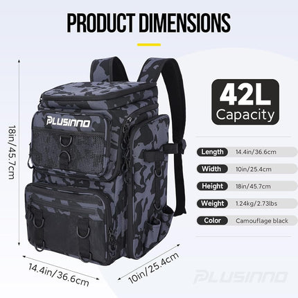 PLUSINNO Fishing Backpack with Rod Holders, 42L Large Water-resistant Fishing Tackle Bag for Fishing, Camping, Hiking, Gifts for Men, Black Camo