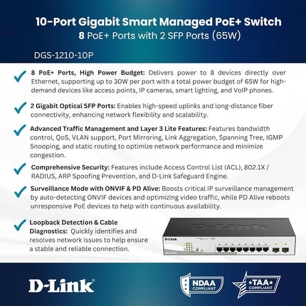 D-Link DGS-1210-10P 10-Port Smart Managed Gigabit PoE Switch, 8 x 10/100/1000BASE-T PoE, 2 x 100/1000 Mbps SFP Black, Power Budget 65 W