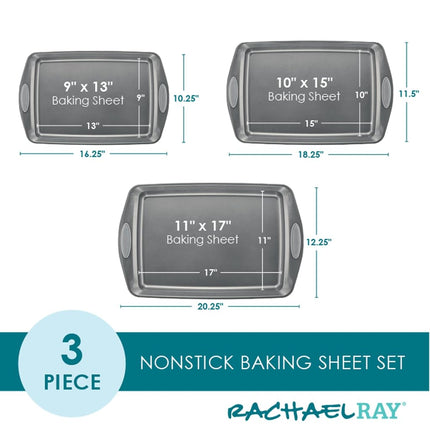 Juego de utensilios para horno antiadherentes Rachael Ray con mangos, bandejas para hornear galletas antiadherentes - 3 piezas, gris con mangos gris sal marina