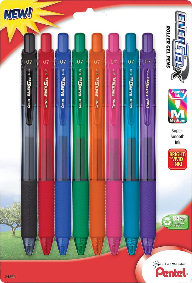 Stylo rétractable à encre gel liquide Pentel EnerGel-X Colors, pointe métallique 0,7 mm, encres assorties, paquet de 8 (lot de 1)