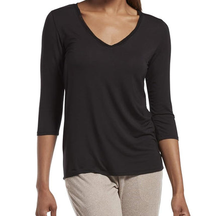 HUE Camiseta de dormir de manga 3/4 con cuello en V para mujer, negra, mediana