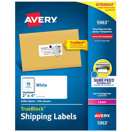 Etiquetas de envío imprimibles Avery con Sure Feed, 5 x 10 cm, blancas, 2700 etiquetas de correo en blanco (5963)