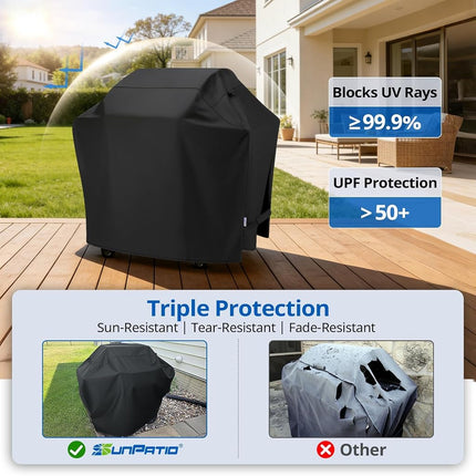 SunPatio BBQ Grill Cover 50 Inch, Outdoor Heavy Duty Waterproof Barbecue Gas Grill Cover, UV and Fade Resistant, All Weather Protection for Weber Char-Broil Nexgrill Grills and More, Black