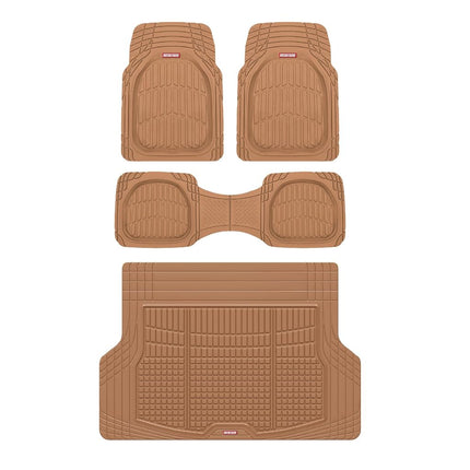 Motor Trend FlexTough Contour Liners Deep Dish 3 pc Rubber Floor Mats & Trimmable Trunk Liner Cargo Mat - Heavy Duty All Weather Protection Car Mats with Traction Grips Car Accessories (Beige)