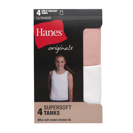Hanes Big Originals Pack, Supersoft Top for Girls, Modal Stretch Rib Tanks, 4-Pack, Pink/White/Coral/Violet, Large