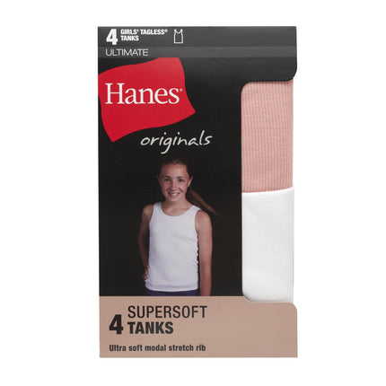 Hanes Big Originals Pack, Supersoft Top for Girls, Modal Stretch Rib Tanks, 4-Pack, Pink/White/Coral/Violet, X-Large