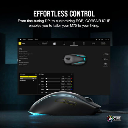 Corsair M75 Wired RGB Lightweight FPS Gaming Mouse � 26,000 DPI � Swappable Side Buttons � PC � Black