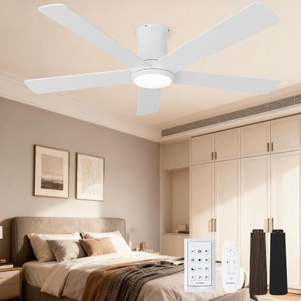 Autoday 52 Inch Ceiling Fans with Lights and Remote - White Ceiling Fan with Light Low Profile, Flush Mount Indoor/Outdoor Ceiling Fans for Patios Bedroom