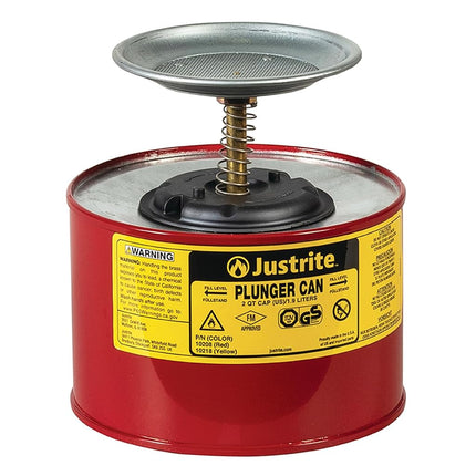 Justrite 10208 Steel Plunger Safety Can with Brass and Ryton Pump Assembly, 2 L Capacity, 7-1/4" OD x 7-3/8" H, Red