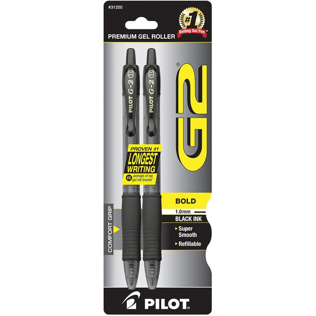 Pilot G2 Retractable Premium Gel Ink Roller Ball Pens, Bold Point, 2-Pack, Black Ink -31250