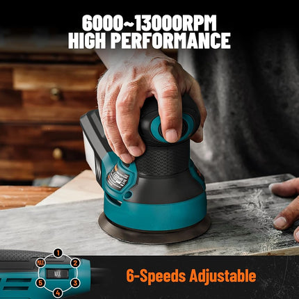 DOVAMAN 350W Random Orbital Sander, Electric Sander for Wood & Metal, 6 Variable Speeds up to 13000RPM, 125mm Sanding Pad, Dust Collection Box & 12Pcs Sandpapers, Power Sanding Machine for DIY