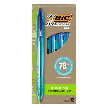 BIC Ecolutions Ocean-Bound Plastic Gel Pens, Medium Point (1mm), 12-Count Pack, Retractable Blue Ink Pens Made from 78% Ocean-Bound Recycled Plastic Excluding Ink Cartridge