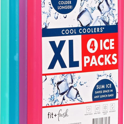 Fit + Fresh XL Cool Coolers Freezer Slim Ice Pack for Lunch Box, Coolers, Beach Bags and Picnic Baskets, Multi-Colored, 4 pack, Extra Large